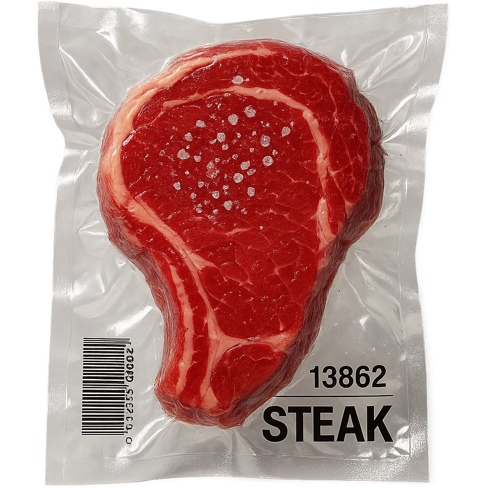 steak with small crystals on top, glossy and puffy, vacuum-sealed style emoji