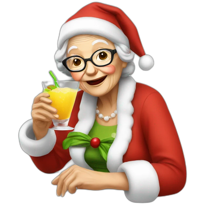 Santa granny drinking coctail emoji