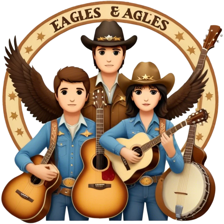 Icon for Country Music: A collage featuring Eagles as a band, Ricky Nelson, and Linda Ronstadt. Acoustic guitars, banjo, cowboy hats and a vintage Americana aesthetic evoke the spirit of classic country and country rock. Warm earthy tones. Transparent background. emoji