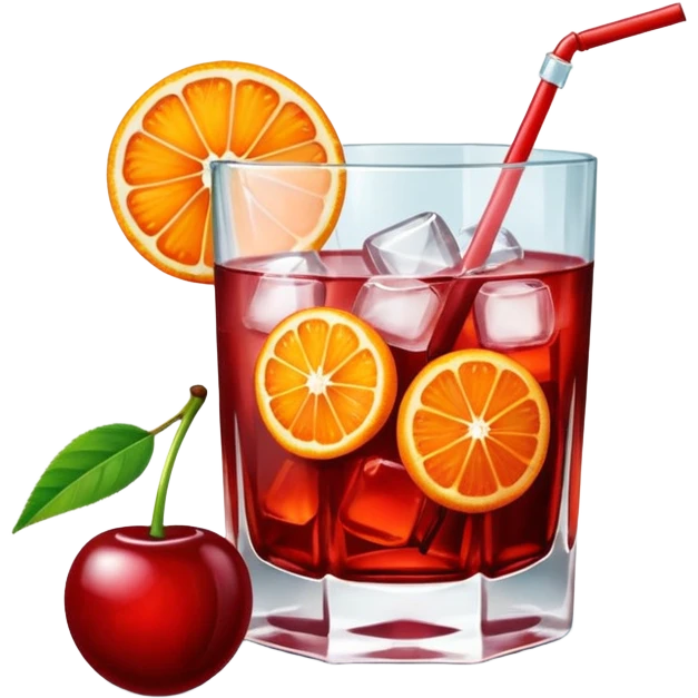 Mach mir einen Cherry Negroni mit viel Eiswürfeln und nur einer einzigen Scheibe Orange im Glas und einer Kirsche als Deko emoji