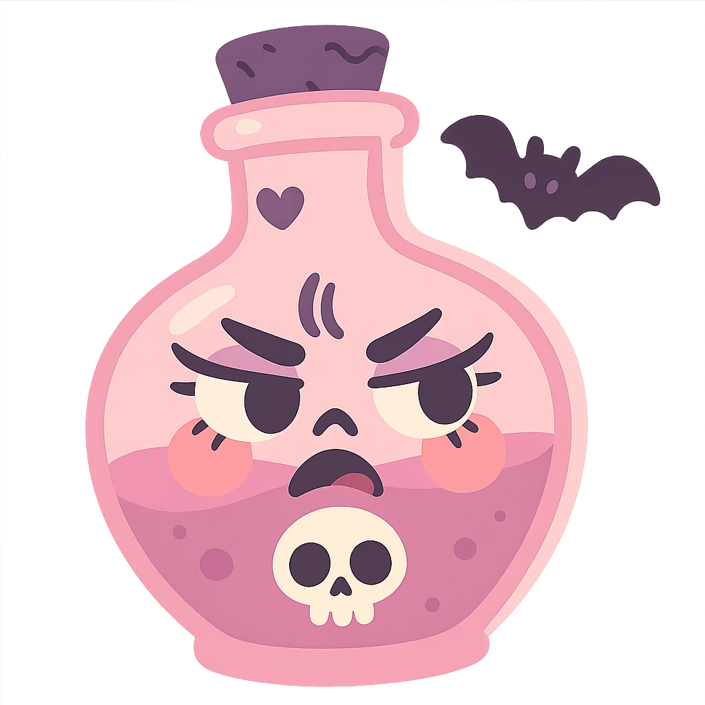 pink goth potion bottle, soft colors and gothic emoji