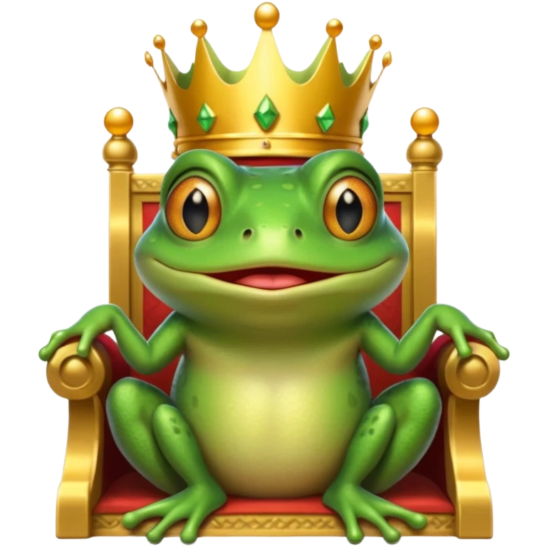 A frog wearing a crown, confidently sitting on a golden throne, portrait, bust up emoji