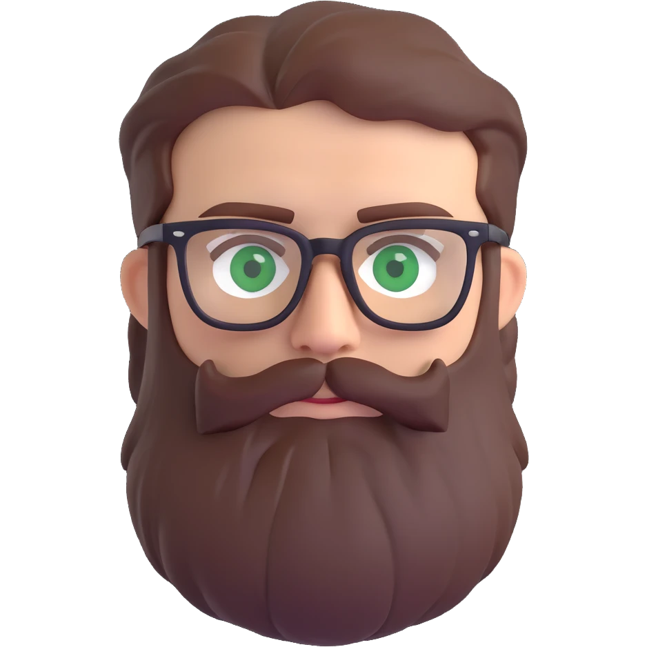 white male mid 30s green eyes black square glasses long brown beard with short brown hair emoji