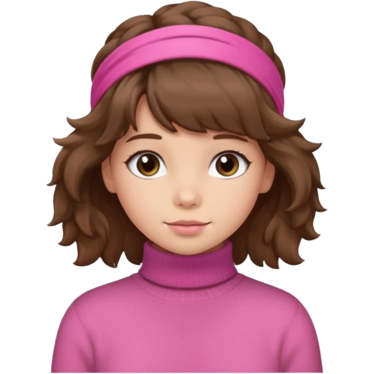 brown fluffy haired girl with pink turtleneck sweater and hair band emoji
