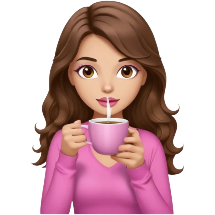 girl with long wavy brown hair, brown eyes, light to medium complexion, in a pink sexy top, pink lips, long lashes sipping coffee emoji