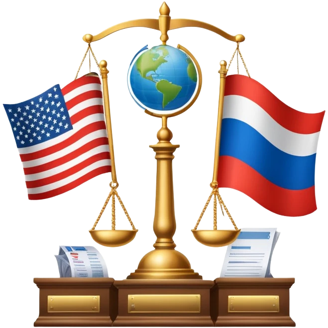 icon featuring podium with a speaker, russian and american flags, and voting ballots. The design includes a globe and scales of justice in the background, representing governance, global affairs, and political theory. Transparent background emphasizes civic engagement and policy. emoji