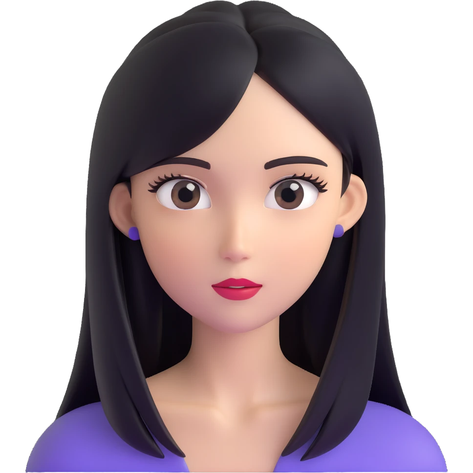 Striking character with glossy straight hair, perfect middle part, dramatic long eyelashes, and a beautiful attractive face emoji
