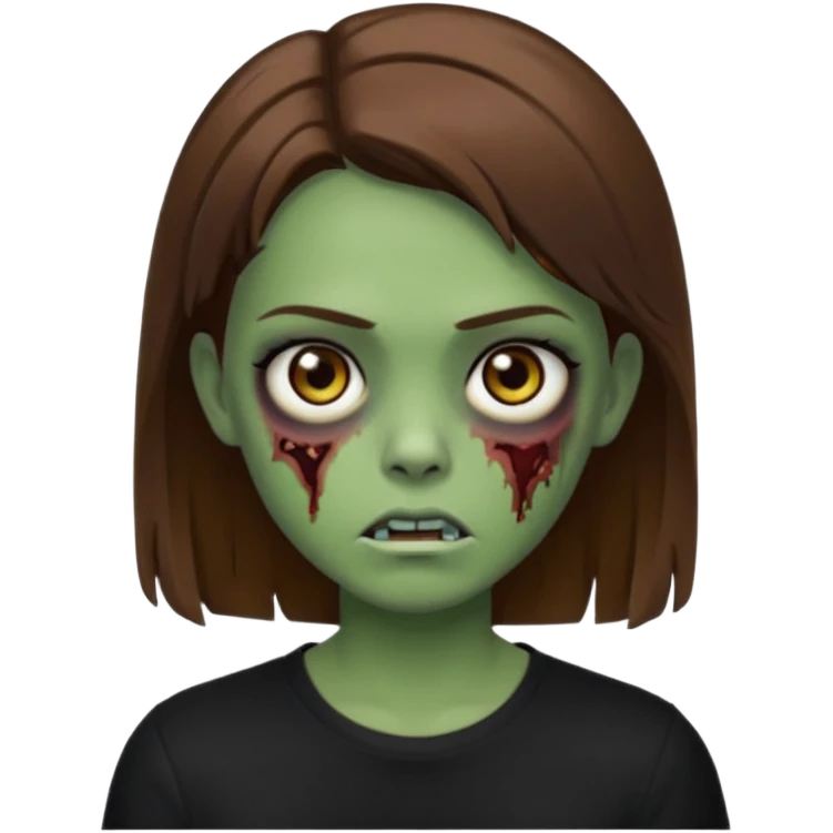 Zombie girl emoji verde com cabelo curto liso castanho no ombro com uma blusa preta emoji