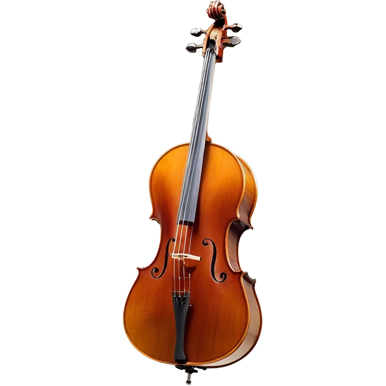 Create a refined and detailed emoji representing a Cremona cello with a bow. The design should feature the smooth, polished wooden body of the cello with a deep, rich tone color. The strings and tuning pegs should be visible, emphasizing the instrument's fine craftsmanship. Add a delicate bow placed gently across the strings, with intricate detailing on the hair and frog. Include subtle musical notes around the cello to evoke the graceful, classical sound. Use warm wood tones and accents like gold and silver for a professional, elegant look. The background should be transparent. emoji
