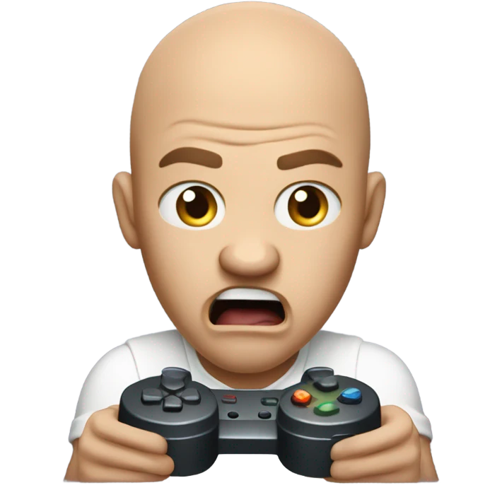 a bald man plays console and screams emoji