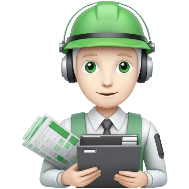 human like robot bookkeeper wearing an Green accountant visor  and holding spreadsheets emoji