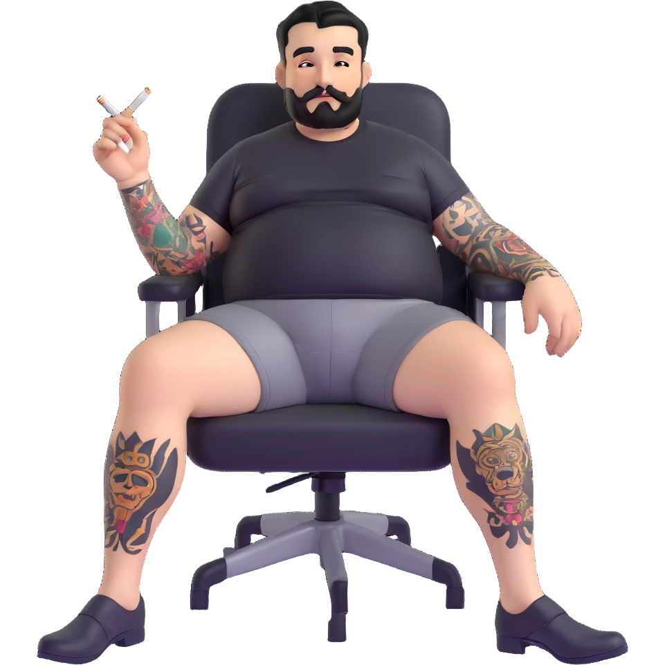 Large man reclining in chair, legs spread showing tattooed left calf, smoking a cigarette, round face, very short black hair, well-groomed beard with small mustache, light skin, black t-shirt with light stripes at top riding up to show belly, black shorts, arms and left calf covered in matching black graphic tattoo patterns emoji
