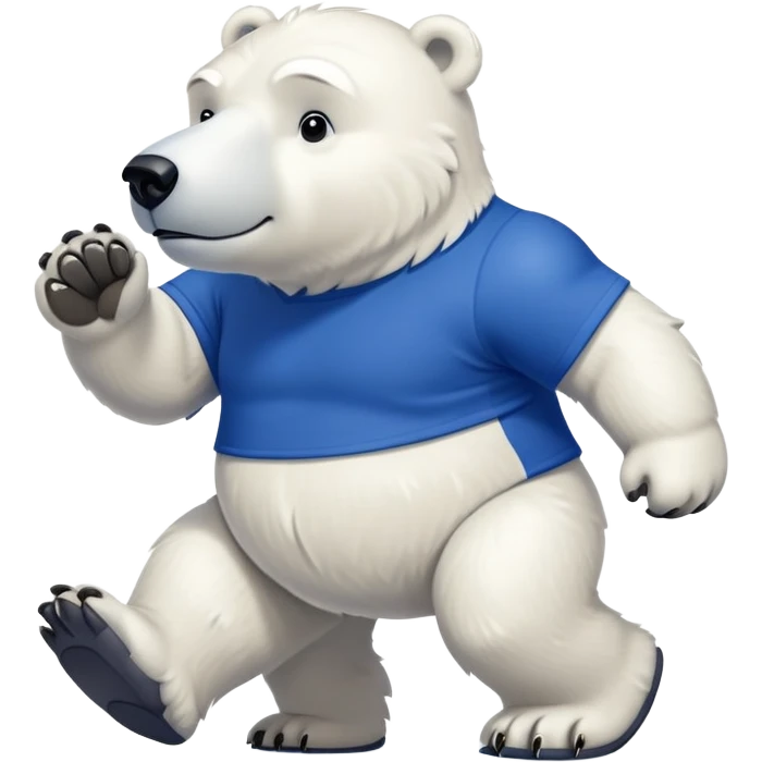 friendly anthropomorphised polar bear walking with a confident stride, wearing a royal blue t-shirt, stronger-looking emoji