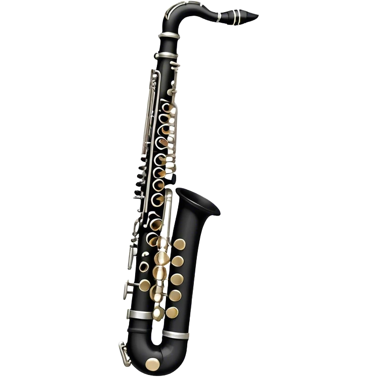 Create an elegant and detailed emoji representing a clarinet. The design should feature the sleek, black wood finish of the clarinet with its shiny metal keys clearly visible. Highlight the intricate details, such as the bell at the end and the carefully crafted mouthpiece with the reed. Use black wood tones for the body of the instrument and silver or brass accents for the keys. Add subtle musical notes or soundwaves floating around the instrument to evoke the smooth, melodic sound of the clarinet. The background should be transparent. emoji