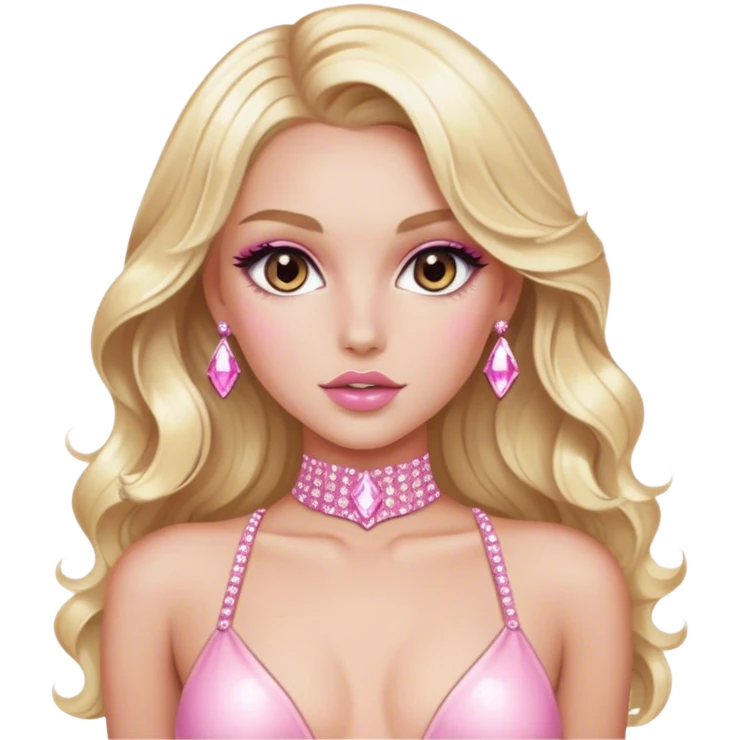 Luxury blonde model, brown eyes, sleek wavy hair, diamanté rhinestone covered pink bodysuit  emoji