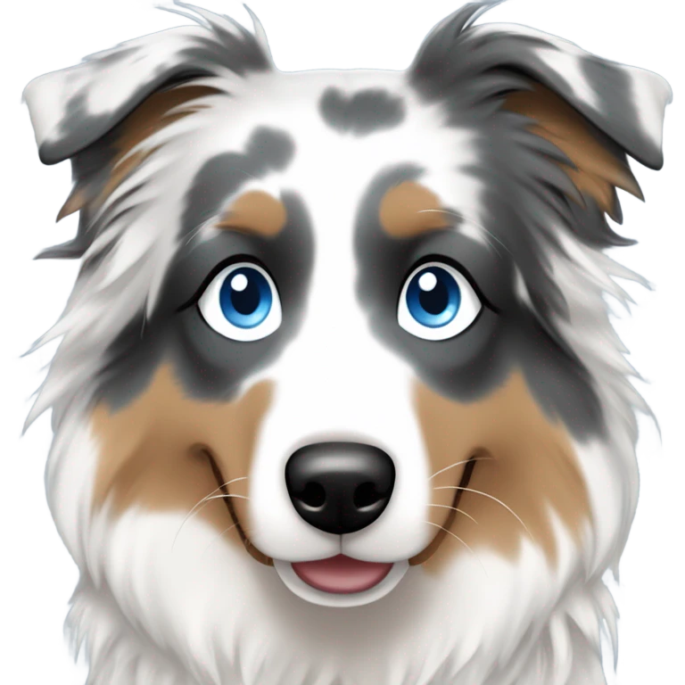 woman with blue eyes and long straight blonde hair and big boobs is holding a very fluffy blue eyes, blue merle australian shepherd  emoji