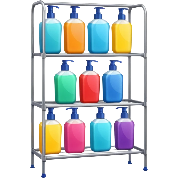 Shower with body wash, shampoo, and conditioner on racks  emoji