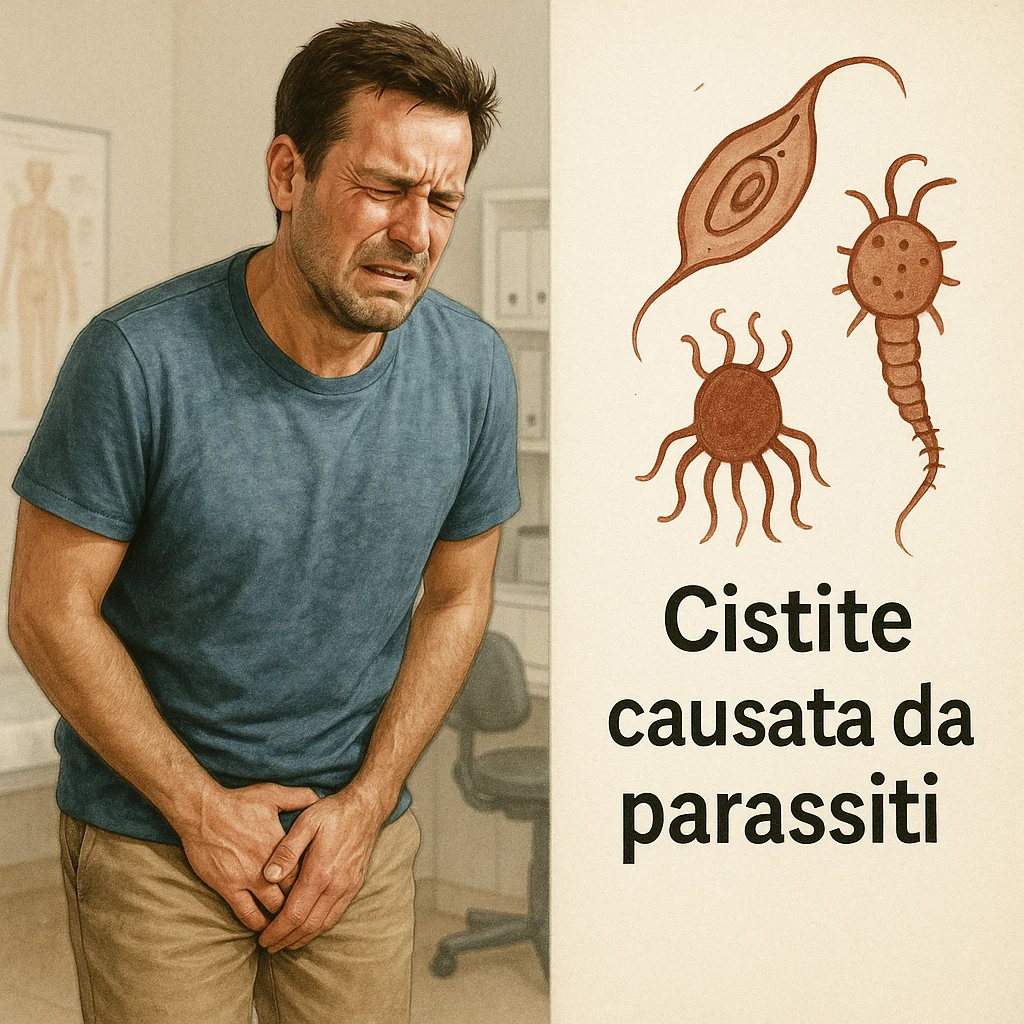 realistic medical illustration of a man with a painful expression, one hand on pelvic area, in a medical office, next to stylized symbols or drawings of parasites, with a short Italian label explaining cystitis caused by parasites, educational and respectful tone emoji