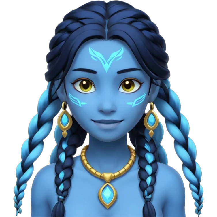 avatar-style Na’vi female portrait, head and shoulders only, blue skin, glowing bioluminescent markings, long braided hair, subtle tribal jewelry, confident smile, 3D cartoon, mobile game icon style, clean background, no text, no watermark
 emoji