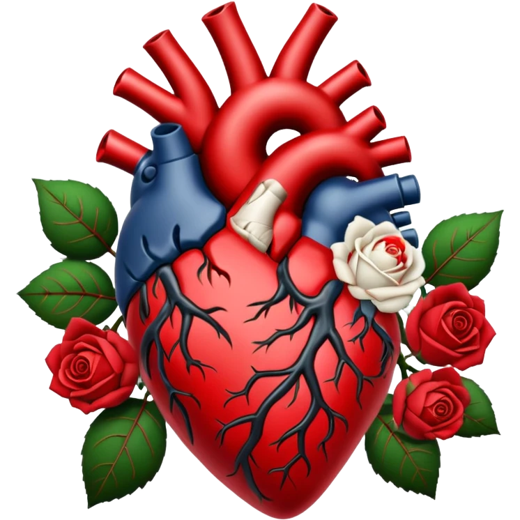 Anatomical heart With black and crimson veins and white roses emoji