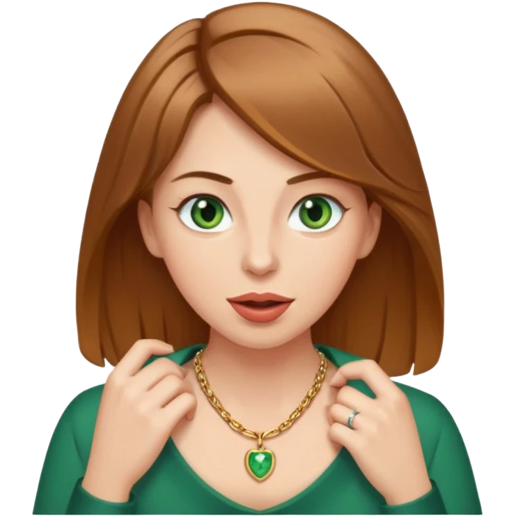 light brown haired white woman with medium length hair and green eyes fixing her necklace vodun isiblyand tounge out  emoji