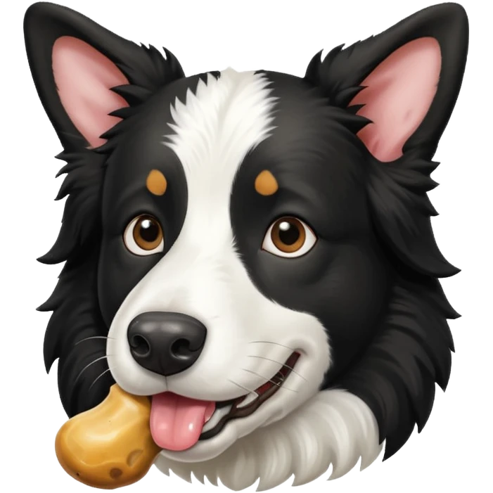 A black and white border collie has a cow's hoof in her mouth. emoji