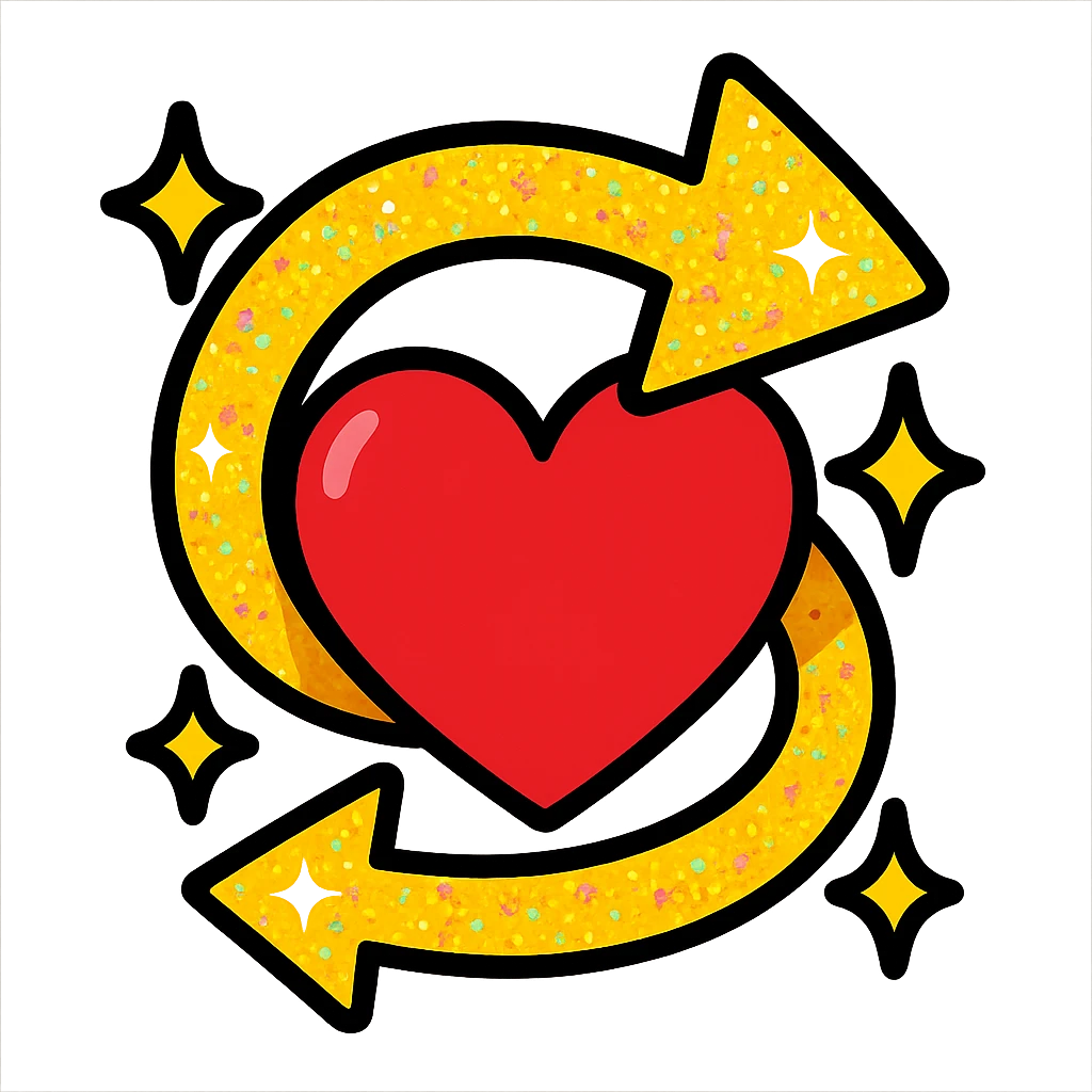 a glittery respawn arrow wrapped around a heart, vibrant toon style, for a queer chaotic gaming group emoji
