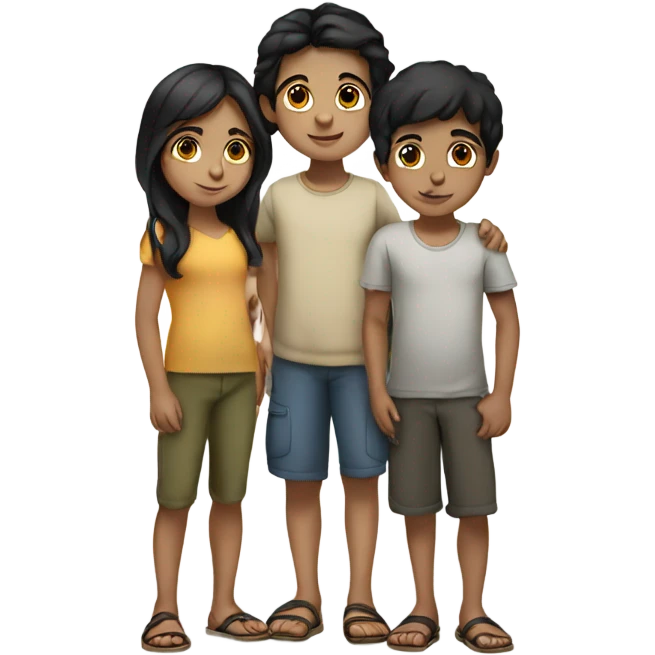 3 middle eastern children standing together. give them black hair and olive skin. emoji