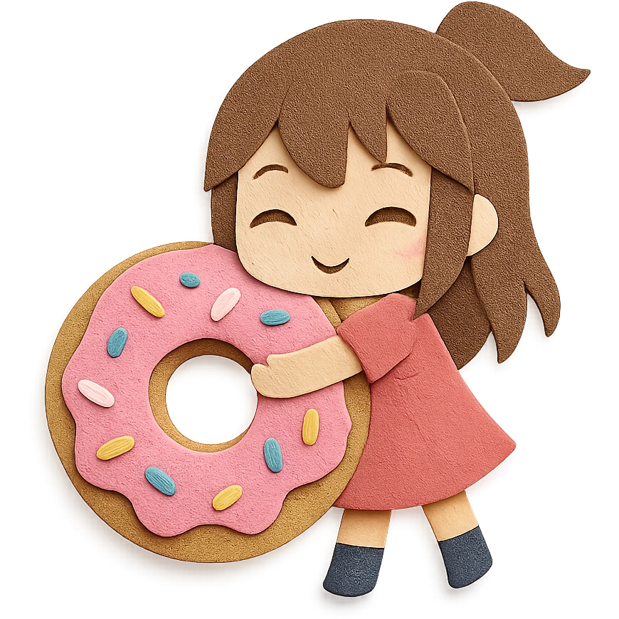 paper-craft style chibi girl hugging giant donut with sprinkles emoji