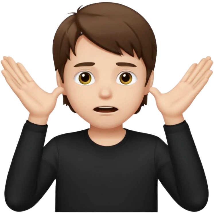apple style emoji of a white boy with slightly large brown hair (less large than before), wide open eyes, wide open mouth, hands covering his eyes, wearing a black shirt emoji