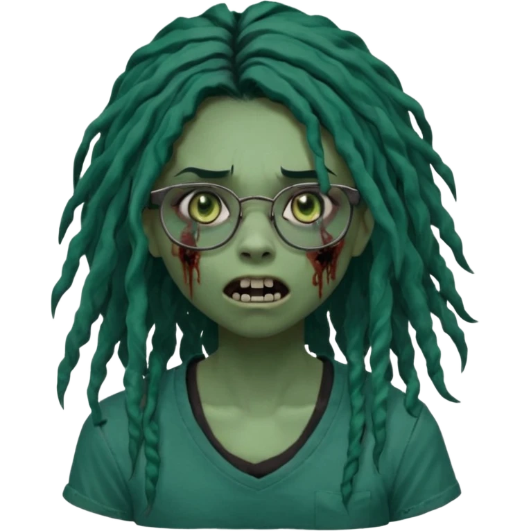 One girl greenskinned, zombie with glasses, with ombre black roots, dark teal long locks & side bang of her locs that fall over slightly covering the right eye, a sinister expression w/ the mouth open, teeth showing, and the jaw uneven. with a small wound near its mouth, her locks curly, black shirt emoji