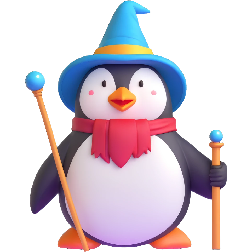 penguin wizard with magic staff and wizard hat emoji