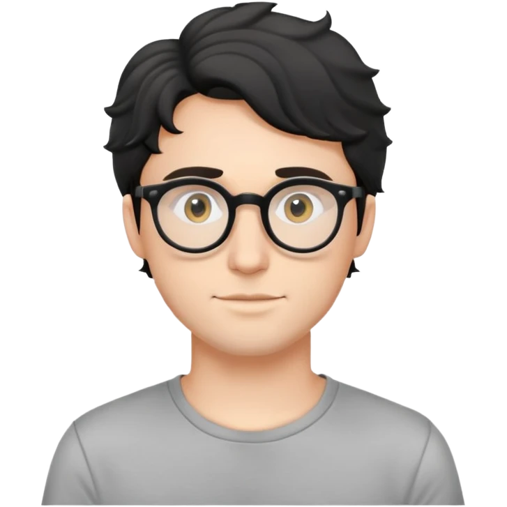 Young caucasian man with black wavy hair, round glasses, simple grey t-shirt emoji