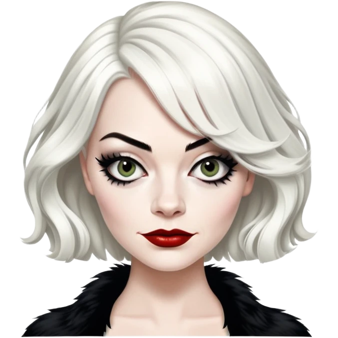 emma stone as Cruella with left side of the hair blad and the other half white emoji