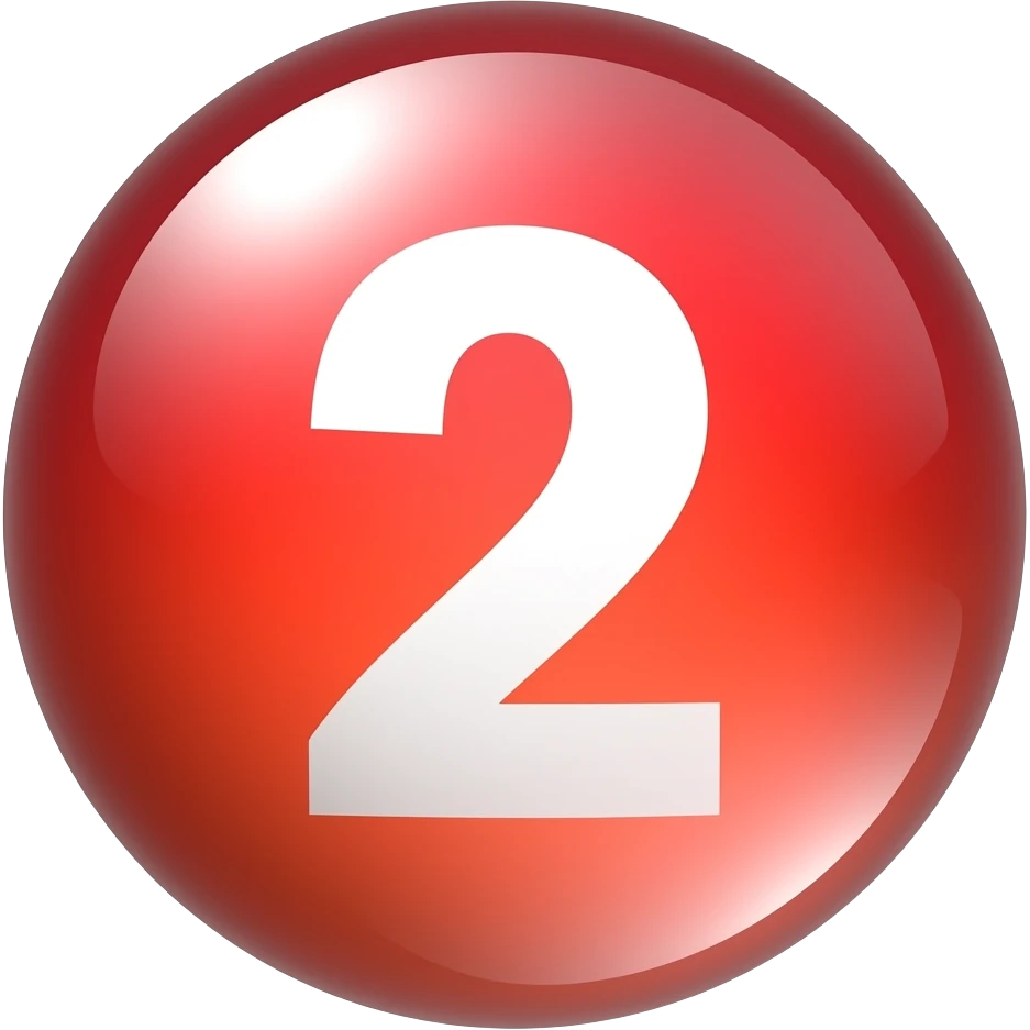 Glossy 3D sphere emoji, "2" bold white text centered, glowing gradient from red to light red, glass reflection highlight, bubble style icon emoji