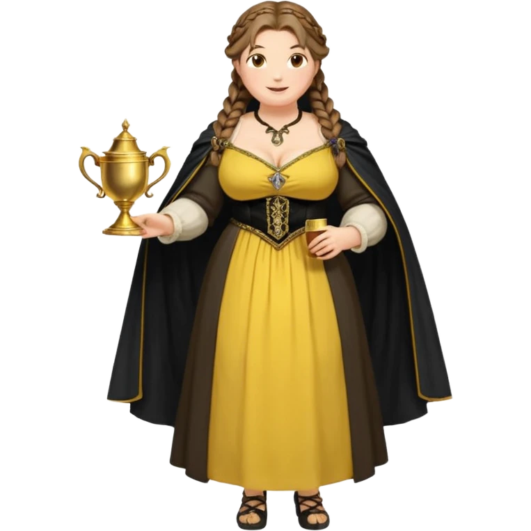 Helga Hufflepuff,brown-haired,2 braids,yellow-black medieval open dress,deep neckline,fat macromastia,black cloak decorated with gold braiding,gold cup with two handles,very kind smile,curvy busty sweet woman,round rosy cheeks,full length with medieval shoes emoji