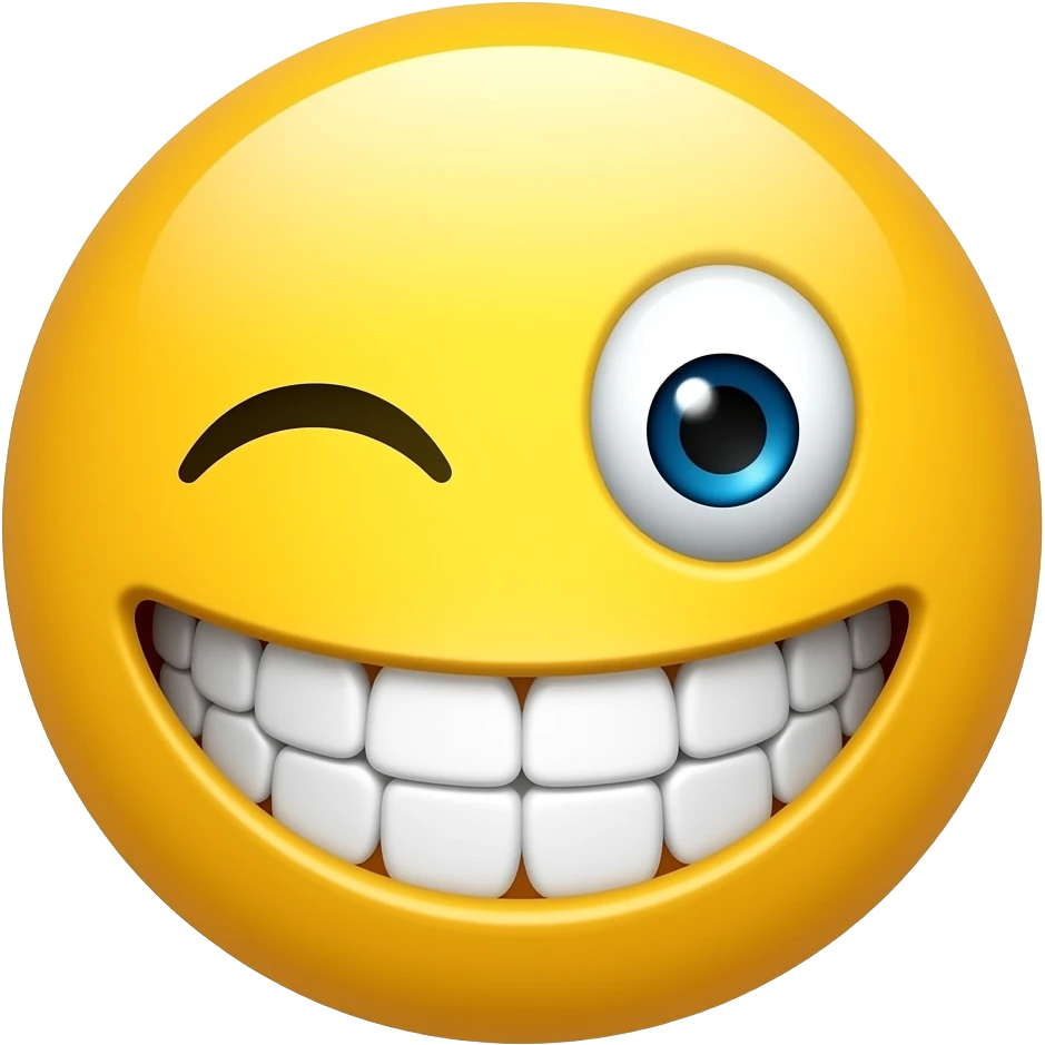 Sarcastic yellow emoji big toothy smile twitching eye emoji