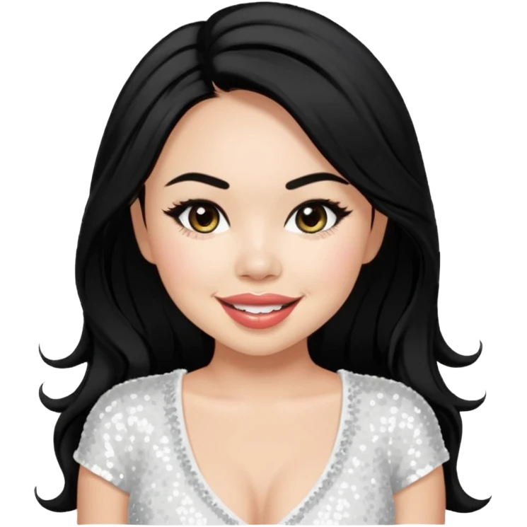 Janel Parrish with long black hair, white sequin outfit emoji