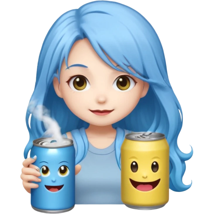 Chibi sticker of a woman with very long powder blue hair with white eyes holding a can of white Monster with a smug smile emoji