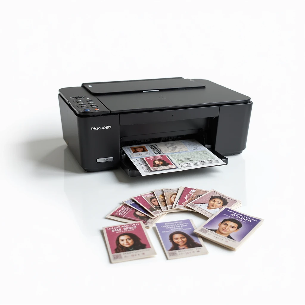 realistic thumbnail for a passport size photo print out service, featuring a printer printing out a sheet of passport size photos, with several printed passport photos arranged neatly in front, white background emoji