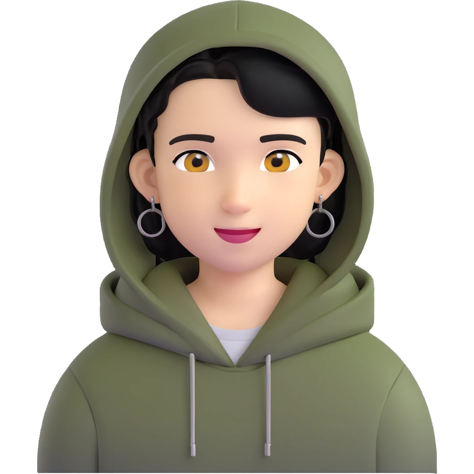 boy with military cut black hair, brown eyes, wearing 2 circle earrings and a black hoodie with a smiley face emoji