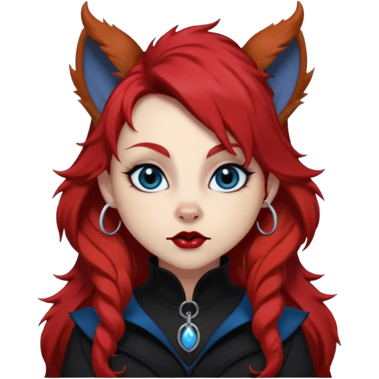  long curly blood red hair (darker), red pointed squirrel ears with black trim, black goth outfits, body and face human, blue eyes, more pointy chin, black lipstick, one big fluffy red squirrel tail with black tips, close her mouth, less evil looking emoji