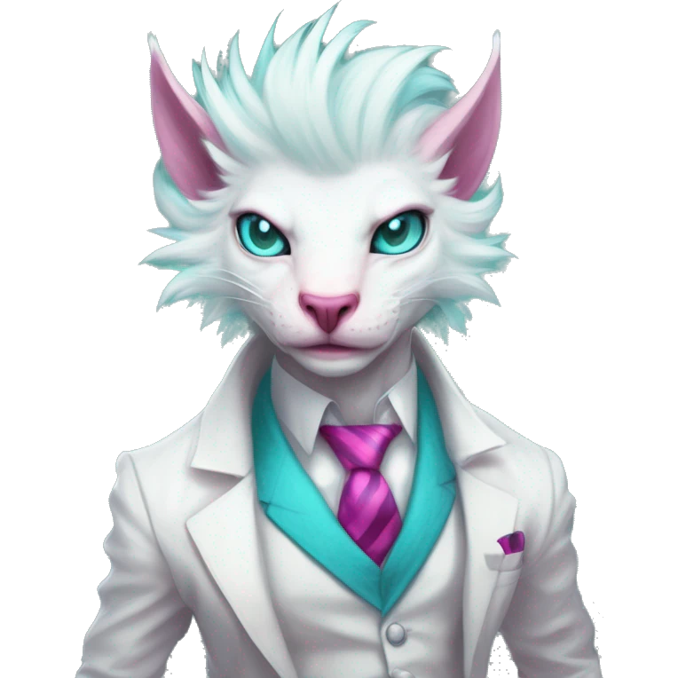 White elegant beautiful natural cute badass epic anthro modern albino Trico-vernid-Fakémon with cyan mane and magenta eyes with cyan edgy stripes, anthropomorphic, two-legged, digitigrade, full body emoji