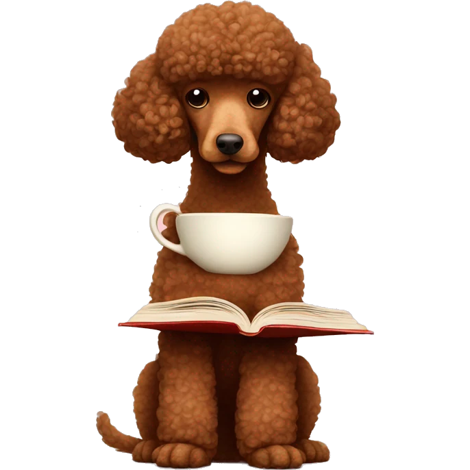 Brown poodle reading a book with a cup of tea emoji