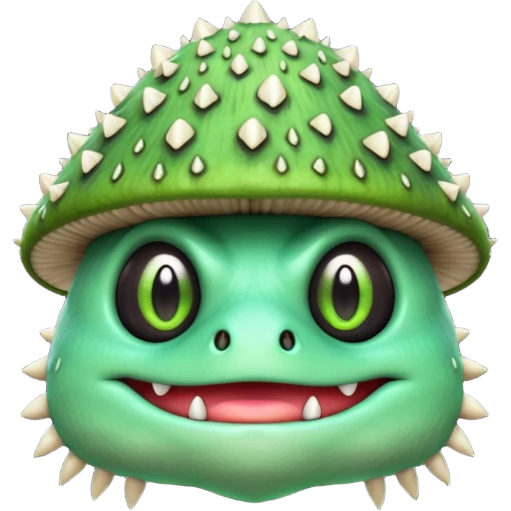 poisonous mushroom monster portrait, head and shoulders only, animal-like creature, mushroom cap head with spikes, toxic green glow, beast-like eyes, furry neck details, monstrous but cute fantasy vibe, 3D cartoon, mobile game icon style, clean background, no text, no watermark

 emoji