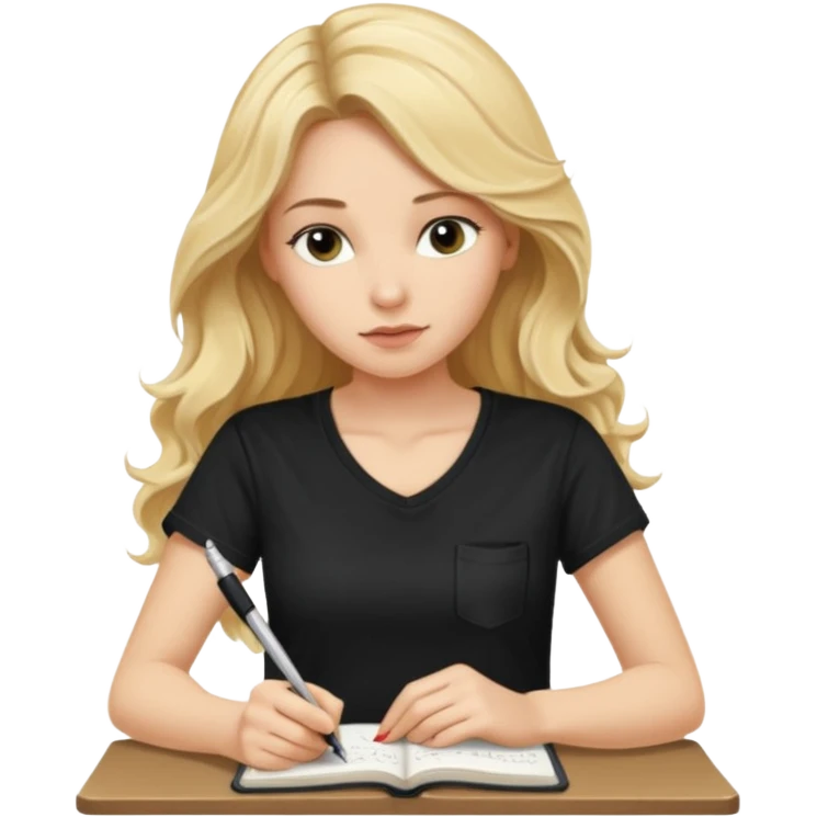 a beautiful blonde with long wavy hair-in-a-black-t shirt-a writes in a diary with a pen emoji