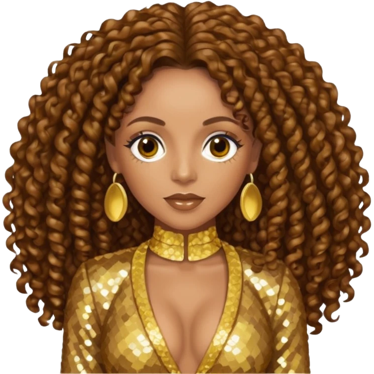 Melanie Brown with brown long curly hair, gold outfit emoji
