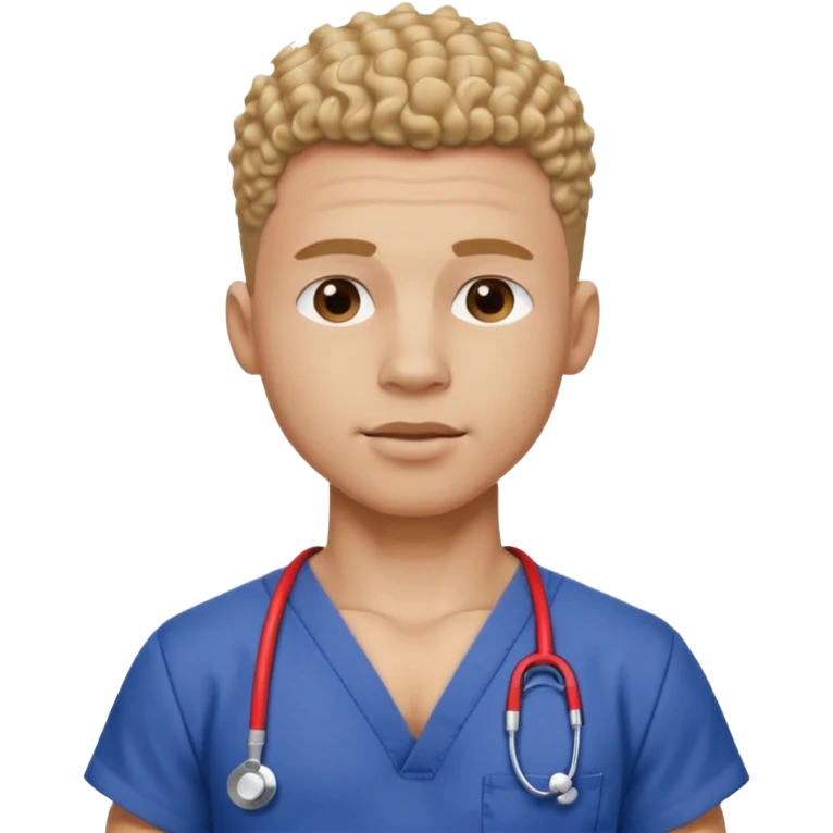 Ripped, athletic man with thick neck, high top fade with no part, curly hair only top only, no shirt and show waistline up add scrubs emoji