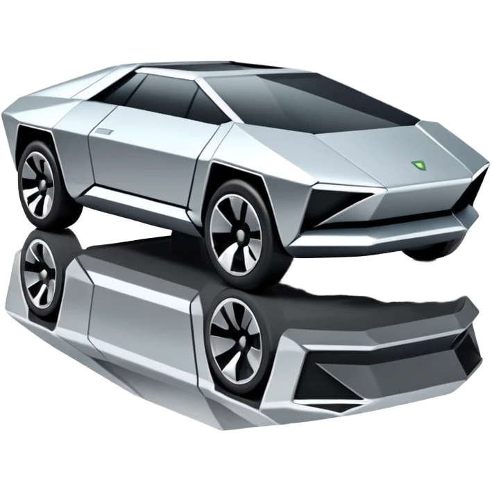 A futuristic chrome car emoji, sharp geometric body design inspired by cybertruck aesthetics, smooth silver metallic surface, matte and glossy chrome mix, minimal details, soft reflections, clean edges, iOS emoji style, centered, clean white background, soft studio lighting, no text emoji