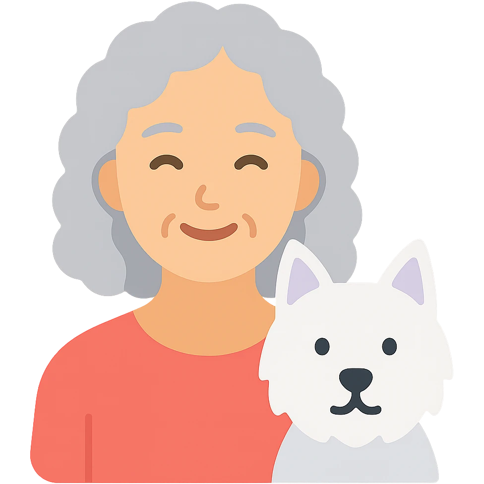 50-year-old pretty lady with silver curly hair, smiling, with a Westie dog, color icon emoji